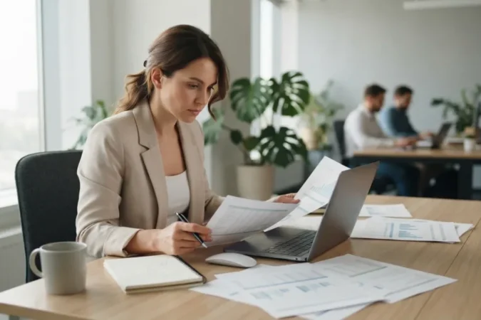 Pracownica biura rachunkowego porządkuje dane o czasie pracy od klientów